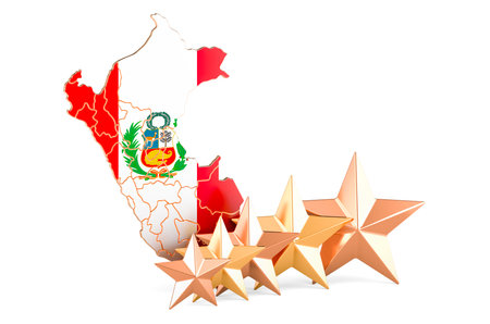Peruvian map with five stars. Rating, quality, service in Peru. 3D rendering isolated on white backgroundの写真素材