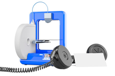 3D printer with blank business card and retro phone receiver. 3D rendering isolated on white backgroundの写真素材