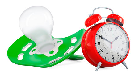 Baby pacifier with alarm clock, 3D rendering isolated on white backgroundの写真素材