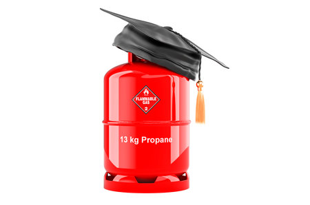 Propane cylinder with education hat, 3D rendering isolated on white backgroundの写真素材