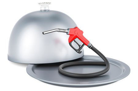 Restaurant cloche with gas pump nozzle, 3D rendering isolated on white backgroundの写真素材
