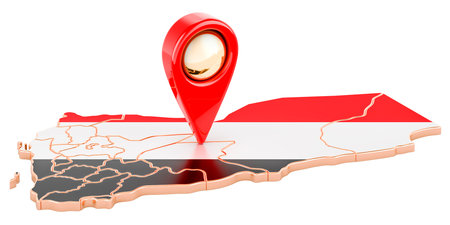 Map pointer on the map of Yemen, 3D rendering isolated on white backgroundの写真素材