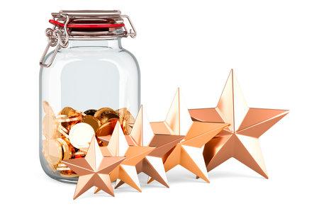 Glass jar full of golden coins with five golden stars. 3D rendering isolated on white background