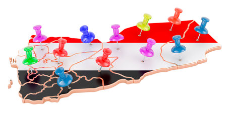 Map of Yemen with colored push pins, 3D rendering isolated on white backgroundの写真素材