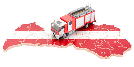Fire department in Latvia. Fire engine truck on the Latvian map. 3D rendering isolated on white...