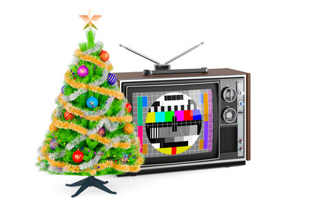 Retro TV set with Christmas tree. 3D rendering isolated on white backgroundの写真素材