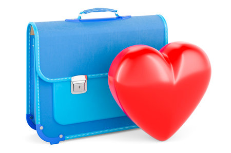 Schoolbag with red heart. 3D rendering isolated on white backgroundの写真素材