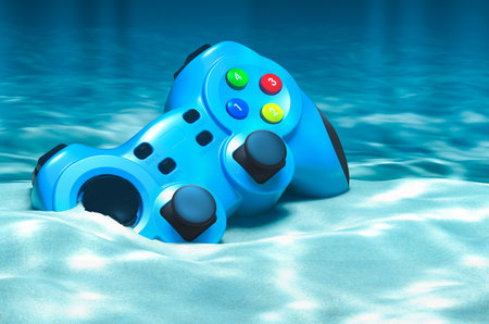 Gamepad on ocean bottom underwater. Gambling addiction concept. 3D rendering