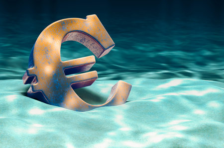 Euro symbol on ocean bottom underwater, 3D renderingの写真素材