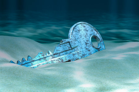Key on ocean bottom underwater, 3D renderingの写真素材