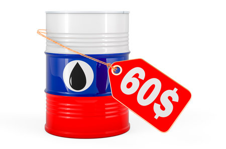 Russian oil barrel with 60 dollar price tag, 3D rendering isolated on white backgroundの写真素材