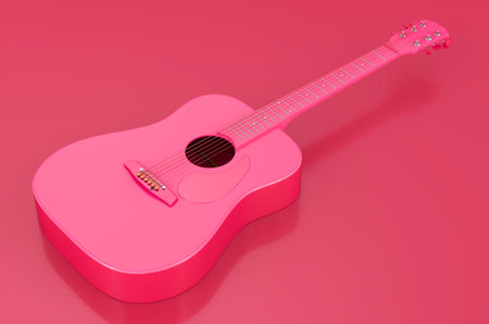 Wooden guitar in trending viva magenta colors, 3D renderingの写真素材