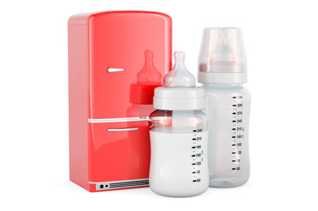 Baby bottles with refrigerator. 3D rendering isolated on white backgroundの写真素材