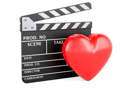 Clapperboard with red heart, 3D rendering isolated on white backgroundの写真素材