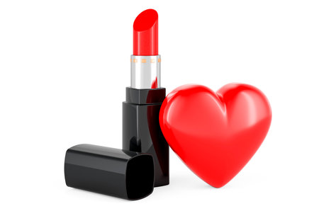 Lipstick with red heart, 3D rendering isolated on white backgroundの写真素材