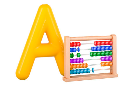 Kids ABC, Letter A with abacus. 3D rendering isolated on white backgroundの写真素材