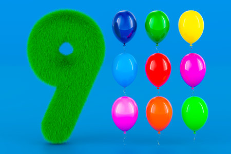 Fluffy number 9 with nine colored balloons, 3D rendering on blue backgroundの写真素材