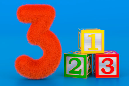 Fluffy number 3 with three abc cubes, 3D rendering on blue background