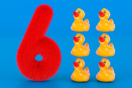 Fluffy number 6 with six rubber ducks, 3D rendering on blue backgroundの写真素材