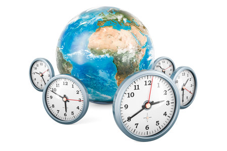 Earth Globe with clocks, 3D rendering isolated on the white backgroundの写真素材