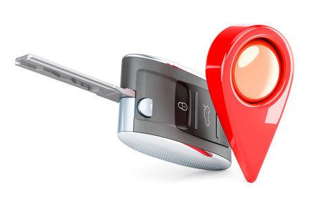 Car key with map pointer, 3D rendering isolated on white backgroundの写真素材