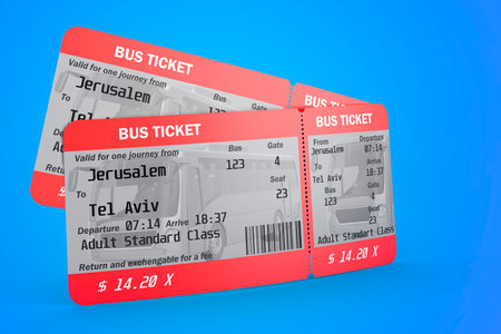bus tickets. 3D rendering isolated on blue backgroundの写真素材