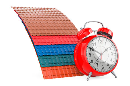 Color Metal Roof Tiles with alarm clock, 3D rendering isolated on white backgroundの写真素材