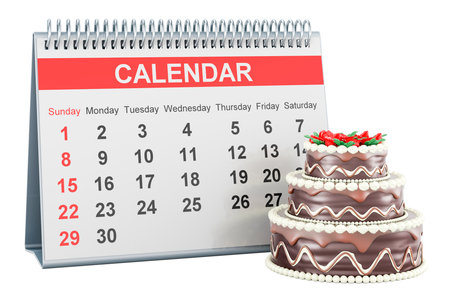 Chocolate Birthday Cake with desk calendar, 3D rendering isolated on white backgroundの写真素材