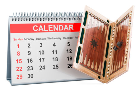 Backgammon, board game with desk calendar, 3D rendering isolated on white background