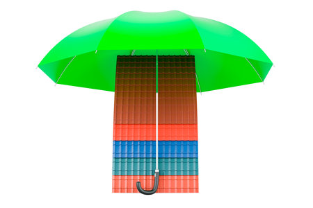 Color Metal Roof Tiles under umbrella. 3D rendering isolated on white backgroundの写真素材