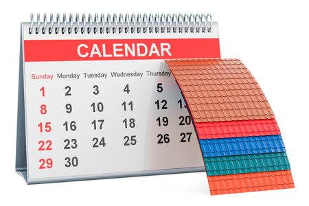 Color Metal Roof Tiles with desk calendar, 3D rendering isolated on white backgroundの写真素材