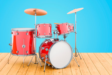 Drum kit on the wooden table, 3D renderingの写真素材