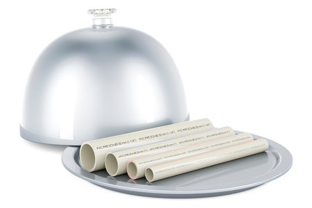 Restaurant cloche with PVC pipes, composite pipe, uPVC pipe, cPVC pipe. 3D rendering isolated on white backgroundの写真素材