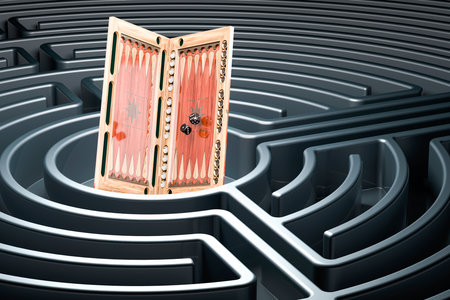 Backgammon, board game inside labyrinth, maze. 3D renderingの写真素材