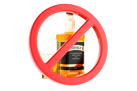 Whiskey bottle and full glass of whiskey with forbidden symbol, 3D rendering isolated on white backgroundの写真素材