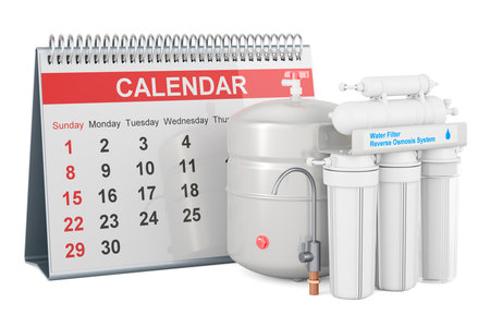 Reverse osmosis system with desk calendar, 3D rendering isolated on white backgroundの写真素材