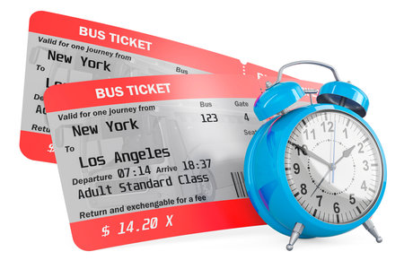 Bus tickets with alarm clock, 3D rendering isolated on white backgroundの写真素材