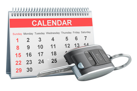 Car key with desk calendar, 3D rendering isolated on white backgroundの写真素材