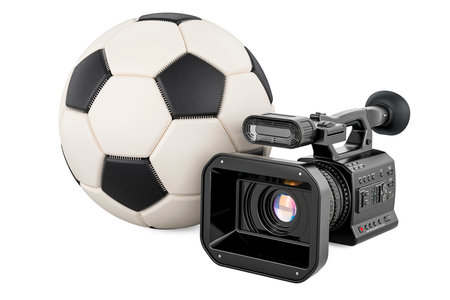 Professional video camera with soccer ball. 3D rendering isolated on white backgroundの写真素材