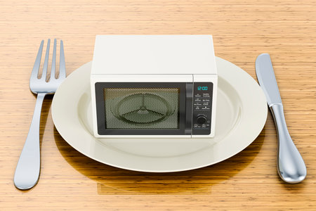Dinner plate with microwave oven on wooden table, 3D renderingの写真素材