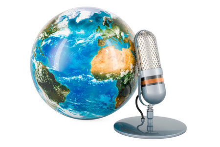 Microphone with Earth Globe. 3D rendering isolated on white backgroundの写真素材