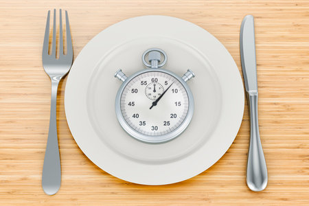 Plate with stopwatch on wooden table, 3D rendering