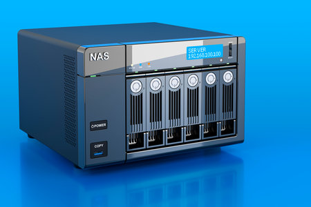 NAS with 6 disks on blue backdrop, 3D rendering