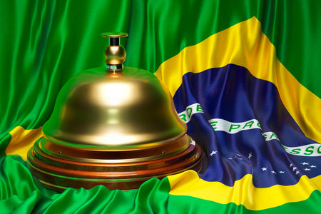 Reception bell on the Brazilian flag backdrop, 3D renderingの写真素材