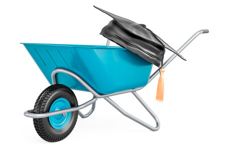 Wheelbarrow with education hat. 3D rendering isolated on white backgroundの写真素材