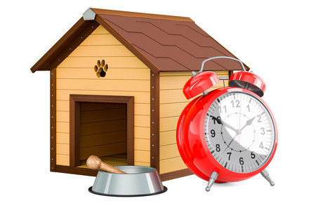 Wooden doghouse with bowl and bone with alarm clock, 3D rendering isolated on white backgroundの写真素材