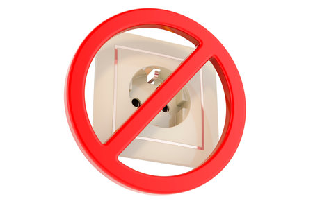 Electric socket with forbidden symbol, 3D rendering isolated on white background