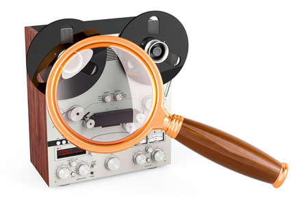 Reel-to-reel tape recorder with magnifying glass. 3D rendering isolated on white backgroundの写真素材