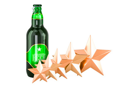 Beer bottle with five golden stars, 3D rendering isolated on white background