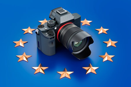 Digital camera on the European Union flag. Travel and photography, video shooting in the EU. 3D...